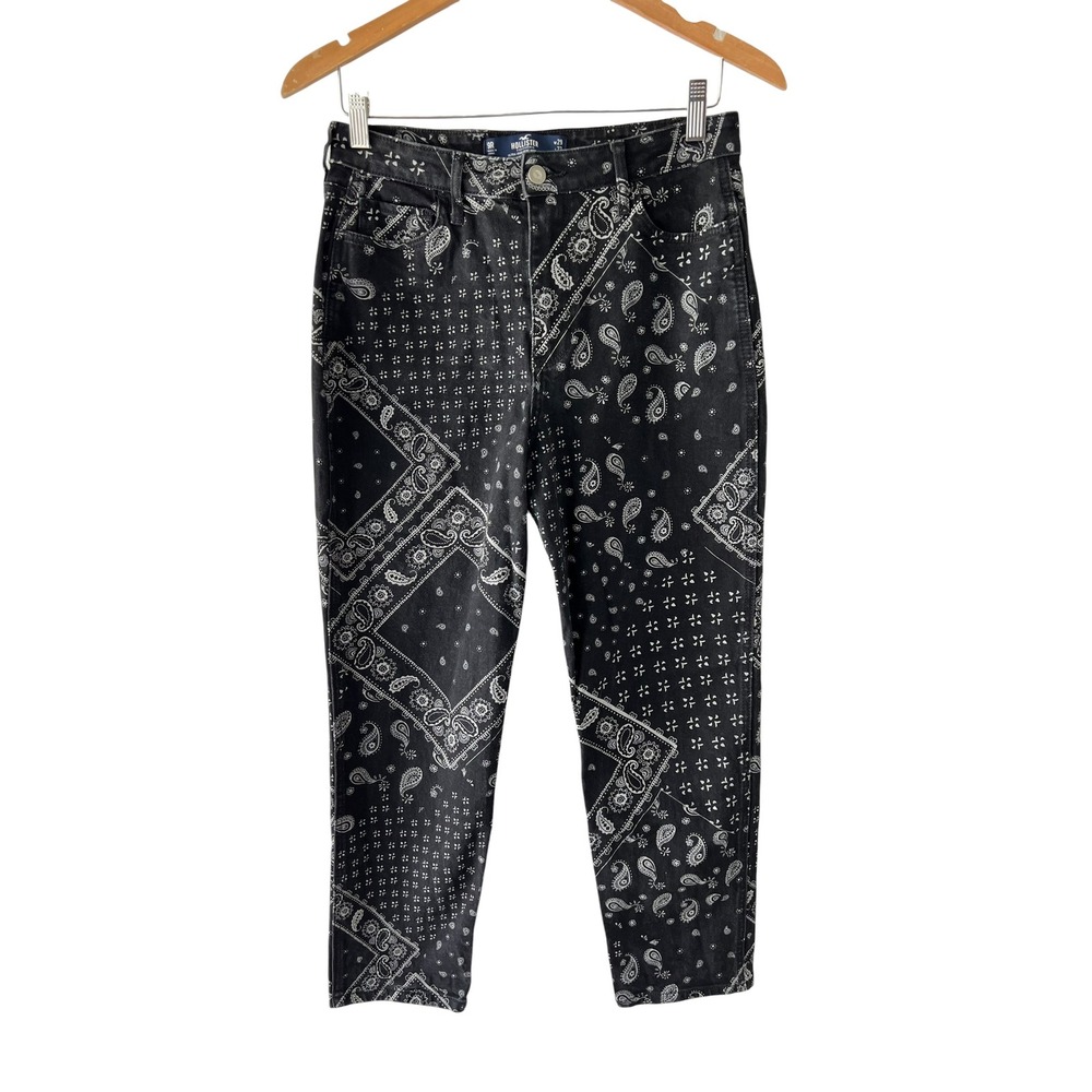 Hollister Bandana Print Mom Jeans Womens 9R‎ Black White Paisley High Rise Boho
